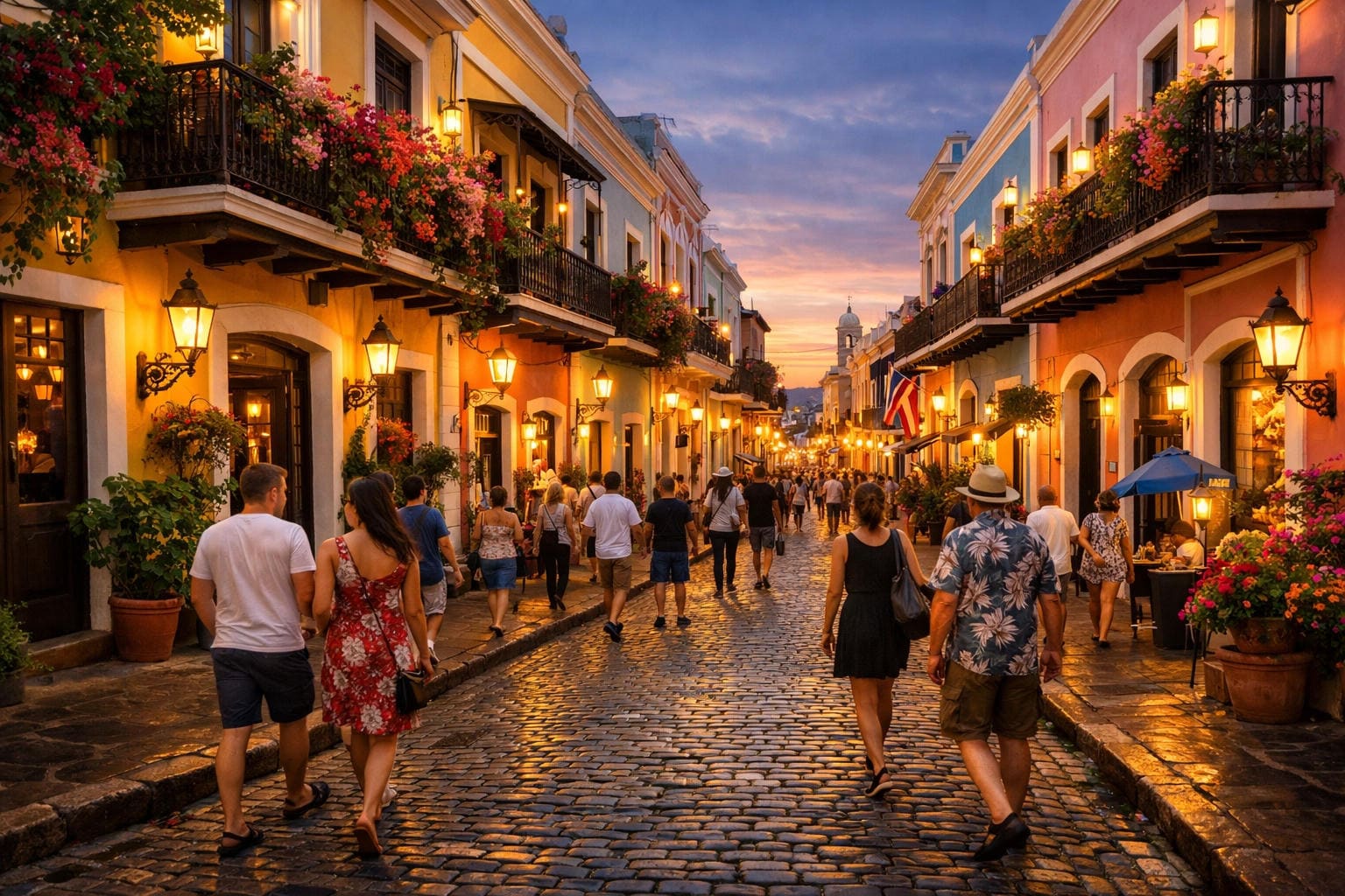 Old San Juan streets at dusk, people walking among colonial façades